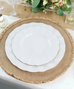 HIER_5441 10 Pack | White 9" Round Plastic Dinner Plates, Disposable Tableware With Gold Wavy Rim
