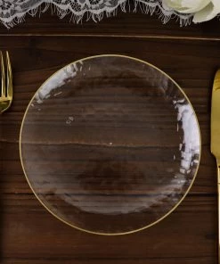 HIER_5441 10 Pack | Clear Hammered 7" Round Plastic Dessert Appetizer Plates With Gold Rim, Disposable Salad Party Plate Disposable Dinnerware