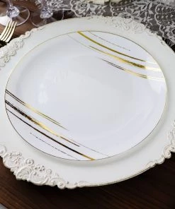 HIER_5441 10 Pack | White & Gold Brush Stroked 10" Round Plastic Dinner Plates, Disposable Party Plates Dinnerware Disposable Dinnerware