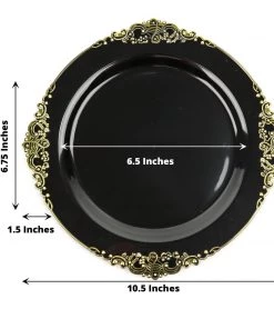 HIER_5441 10 Pack | Black/Gold Baroque 10" Round Plastic Dinner Plates, Disposable Tableware With Leaf Embossed Gold Rim Disposable Dinnerware 15 HIER_5441 10 Pack | Black/Gold Baroque 10