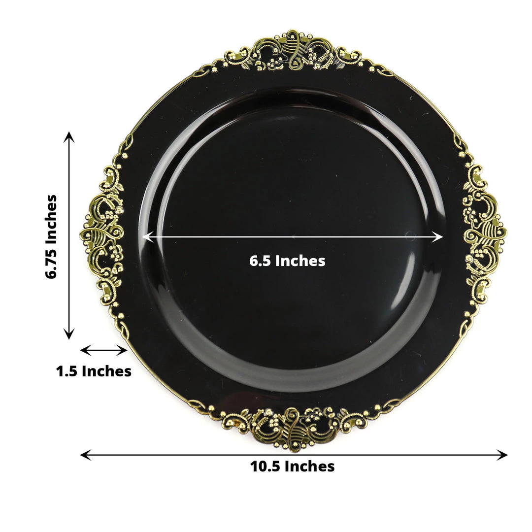 HIER_5441 10 Pack | Black/Gold Baroque 10" Round Plastic Dinner Plates, Disposable Tableware With Leaf Embossed Gold Rim Disposable Dinnerware 3 HIER_5441 10 Pack | Black/Gold Baroque 10" Round Plastic Dinner Plates, Disposable Tableware With Leaf Embossed Gold Rim Disposable Dinnerware