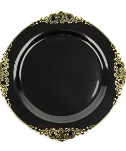 HIER_5441 10 Pack | Black/Gold Baroque 10" Round Plastic Dinner Plates, Disposable Tableware With Leaf Embossed Gold Rim Disposable Dinnerware 25 HIER_5441 10 Pack | Black/Gold Baroque 10