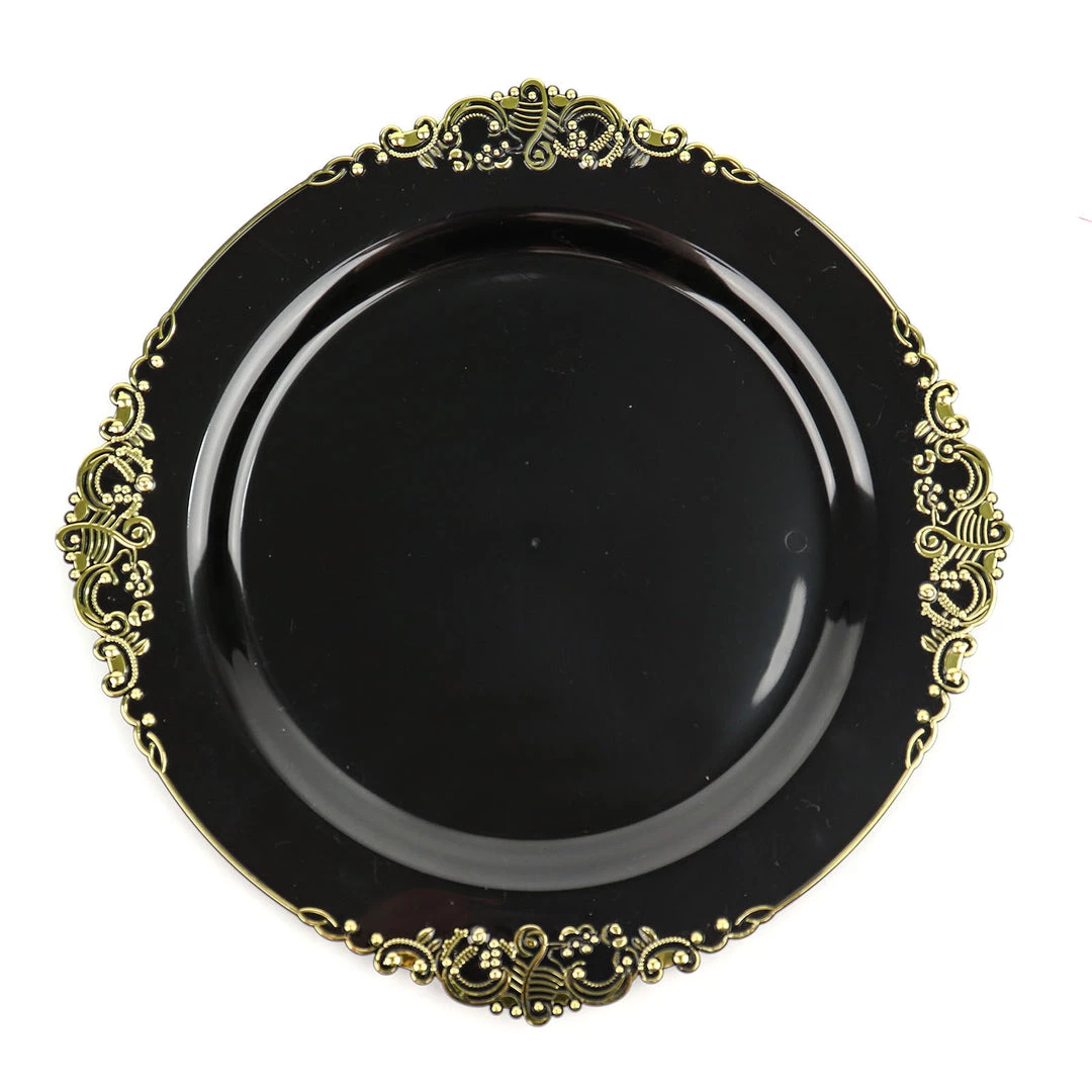 HIER_5441 10 Pack | Black/Gold Baroque 10" Round Plastic Dinner Plates, Disposable Tableware With Leaf Embossed Gold Rim Disposable Dinnerware 13 HIER_5441 10 Pack | Black/Gold Baroque 10" Round Plastic Dinner Plates, Disposable Tableware With Leaf Embossed Gold Rim Disposable Dinnerware