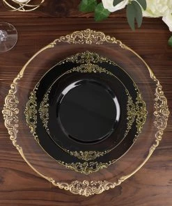 HIER_5441 10 Pack | Black/Gold Baroque 10" Round Plastic Dinner Plates, Disposable Tableware With Leaf Embossed Gold Rim Disposable Dinnerware