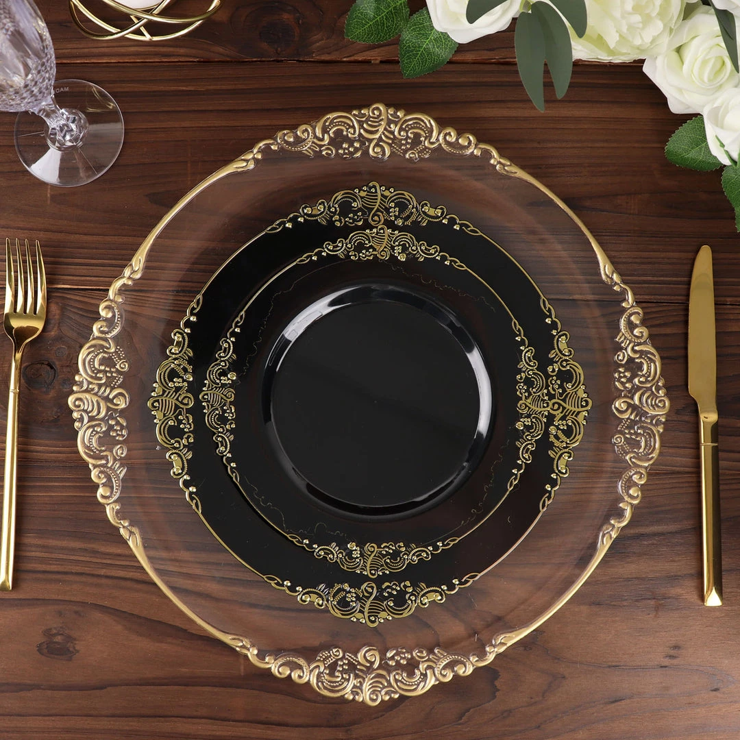 HIER_5441 10 Pack | Black/Gold Baroque 10" Round Plastic Dinner Plates, Disposable Tableware With Leaf Embossed Gold Rim Disposable Dinnerware 2 HIER_5441 10 Pack | Black/Gold Baroque 10" Round Plastic Dinner Plates, Disposable Tableware With Leaf Embossed Gold Rim Disposable Dinnerware