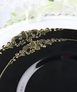 HIER_5441 10 Pack | Black/Gold Baroque 10" Round Plastic Dinner Plates, Disposable Tableware With Leaf Embossed Gold Rim Disposable Dinnerware 19 HIER_5441 10 Pack | Black/Gold Baroque 10