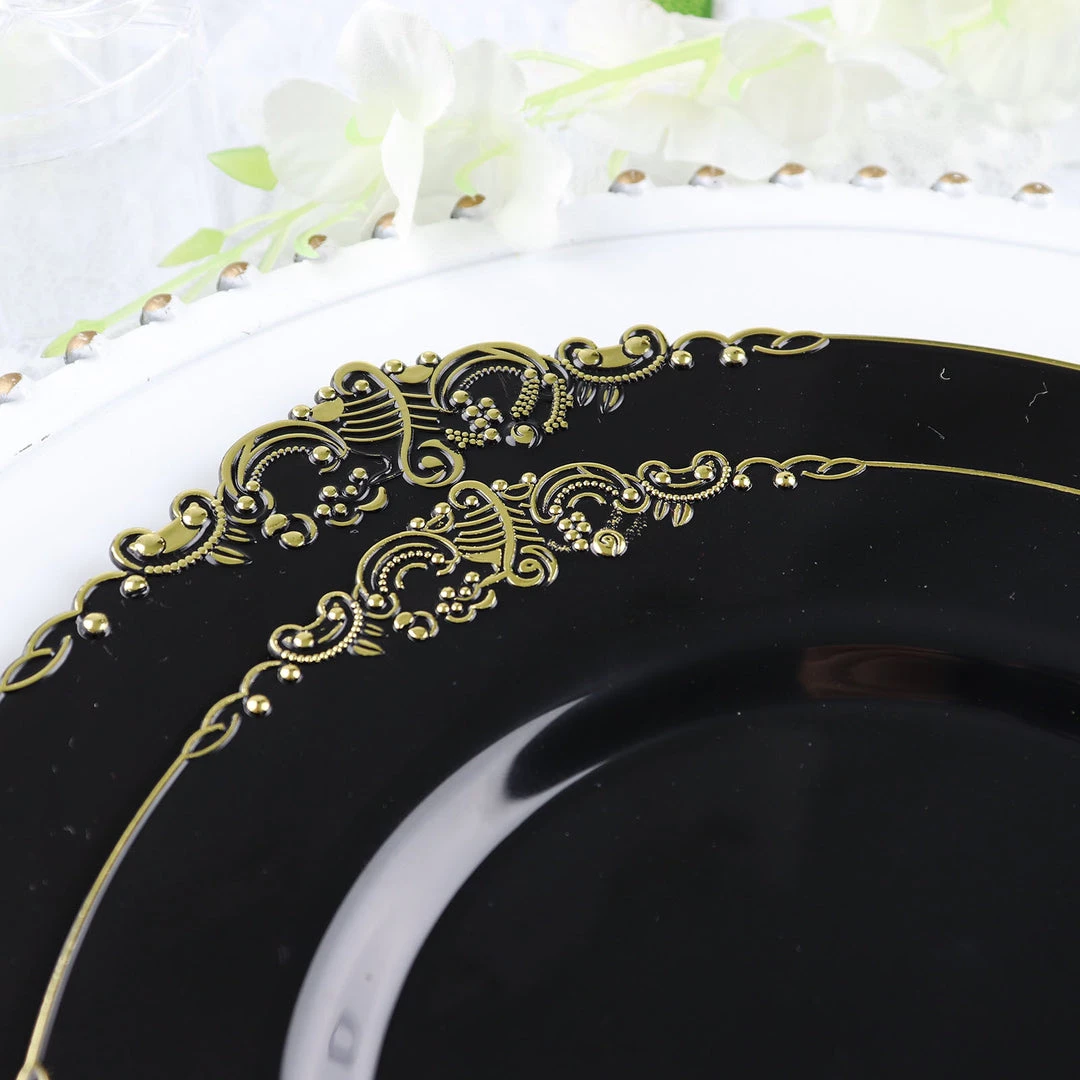 HIER_5441 10 Pack | Black/Gold Baroque 10" Round Plastic Dinner Plates, Disposable Tableware With Leaf Embossed Gold Rim Disposable Dinnerware 7 HIER_5441 10 Pack | Black/Gold Baroque 10" Round Plastic Dinner Plates, Disposable Tableware With Leaf Embossed Gold Rim Disposable Dinnerware