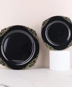 HIER_5441 10 Pack | Black/Gold Baroque 10" Round Plastic Dinner Plates, Disposable Tableware With Leaf Embossed Gold Rim Disposable Dinnerware 20 HIER_5441 10 Pack | Black/Gold Baroque 10