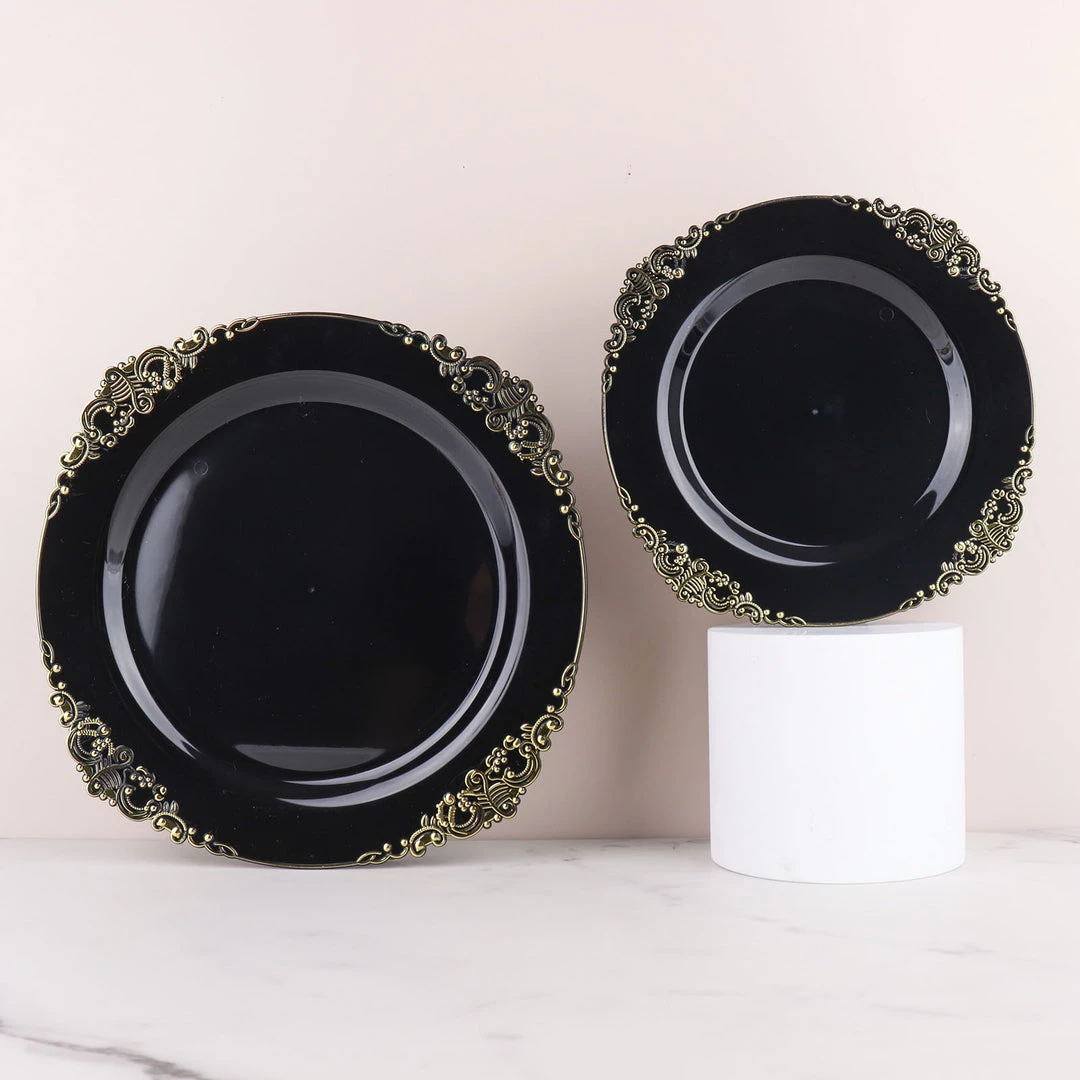 HIER_5441 10 Pack | Black/Gold Baroque 10" Round Plastic Dinner Plates, Disposable Tableware With Leaf Embossed Gold Rim Disposable Dinnerware 8 HIER_5441 10 Pack | Black/Gold Baroque 10" Round Plastic Dinner Plates, Disposable Tableware With Leaf Embossed Gold Rim Disposable Dinnerware