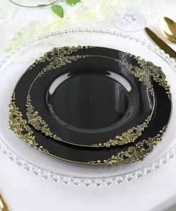 HIER_5441 10 Pack | Black/Gold Baroque 10" Round Plastic Dinner Plates, Disposable Tableware With Leaf Embossed Gold Rim Disposable Dinnerware 21 HIER_5441 10 Pack | Black/Gold Baroque 10