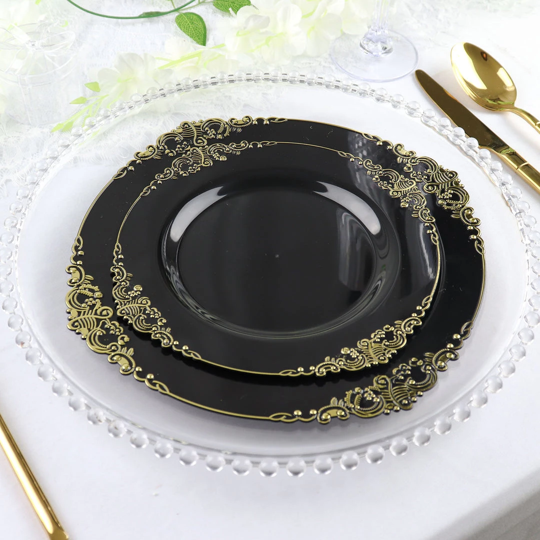 HIER_5441 10 Pack | Black/Gold Baroque 10" Round Plastic Dinner Plates, Disposable Tableware With Leaf Embossed Gold Rim Disposable Dinnerware 9 HIER_5441 10 Pack | Black/Gold Baroque 10" Round Plastic Dinner Plates, Disposable Tableware With Leaf Embossed Gold Rim Disposable Dinnerware