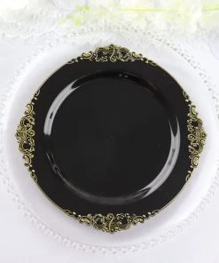 HIER_5441 10 Pack | Black/Gold Baroque 10" Round Plastic Dinner Plates, Disposable Tableware With Leaf Embossed Gold Rim Disposable Dinnerware 22 HIER_5441 10 Pack | Black/Gold Baroque 10