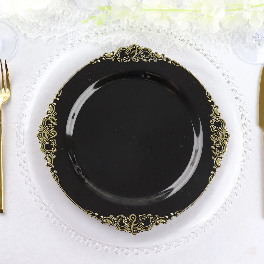 HIER_5441 10 Pack | Black/Gold Baroque 10" Round Plastic Dinner Plates, Disposable Tableware With Leaf Embossed Gold Rim Disposable Dinnerware 10 HIER_5441 10 Pack | Black/Gold Baroque 10" Round Plastic Dinner Plates, Disposable Tableware With Leaf Embossed Gold Rim Disposable Dinnerware