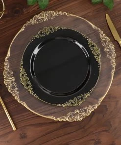 HIER_5441 10 Pack | Black/Gold Baroque 10" Round Plastic Dinner Plates, Disposable Tableware With Leaf Embossed Gold Rim Disposable Dinnerware 23 HIER_5441 10 Pack | Black/Gold Baroque 10