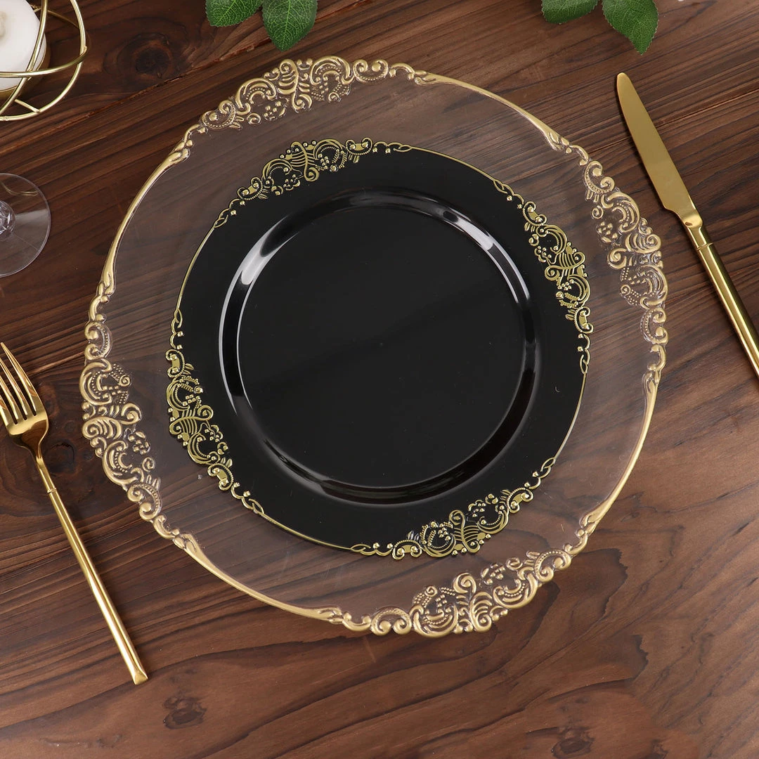 HIER_5441 10 Pack | Black/Gold Baroque 10" Round Plastic Dinner Plates, Disposable Tableware With Leaf Embossed Gold Rim Disposable Dinnerware 11 HIER_5441 10 Pack | Black/Gold Baroque 10" Round Plastic Dinner Plates, Disposable Tableware With Leaf Embossed Gold Rim Disposable Dinnerware