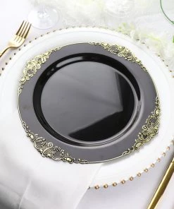 HIER_5441 10 Pack | Black/Gold Baroque 10" Round Plastic Dinner Plates, Disposable Tableware With Leaf Embossed Gold Rim Disposable Dinnerware 24 HIER_5441 10 Pack | Black/Gold Baroque 10