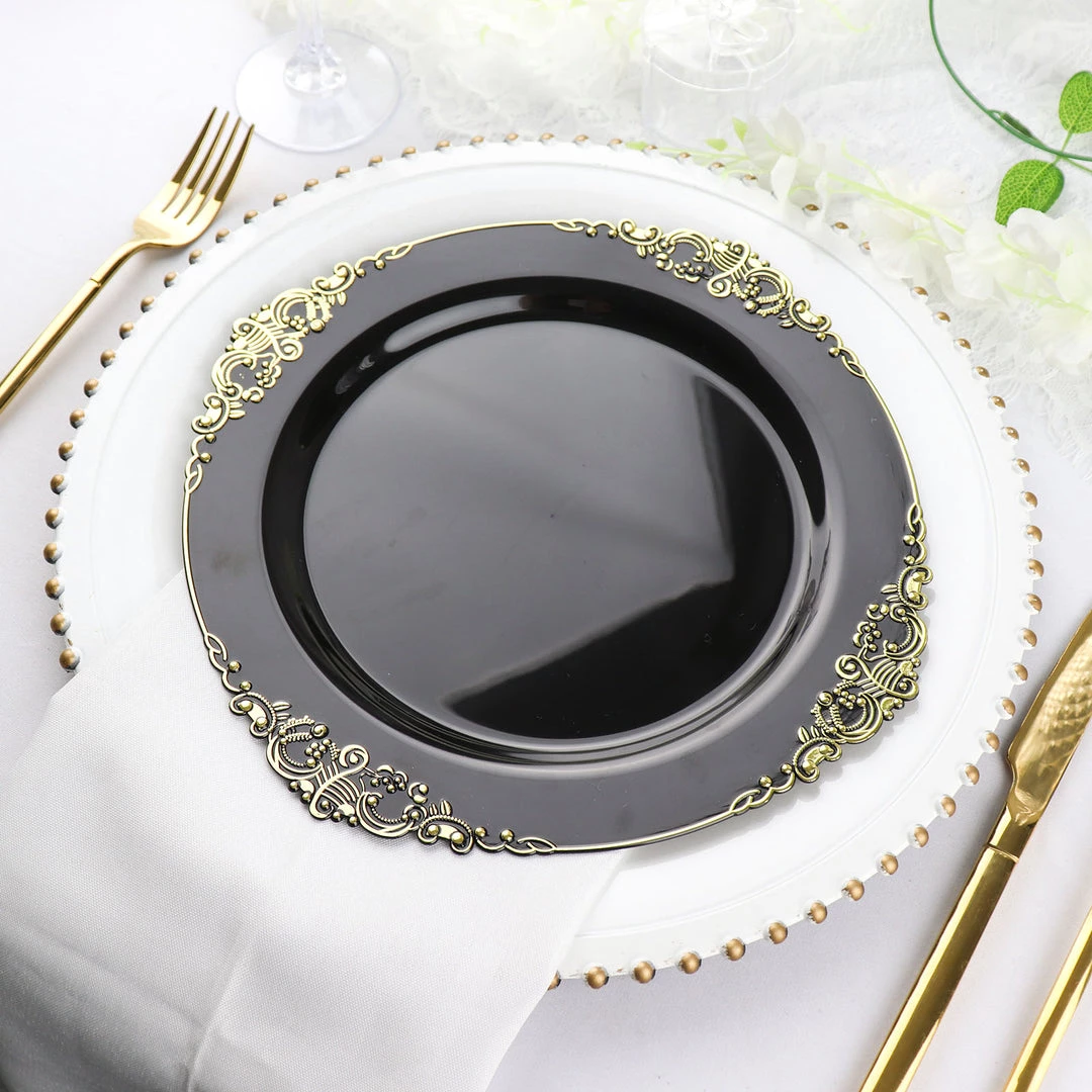 HIER_5441 10 Pack | Black/Gold Baroque 10" Round Plastic Dinner Plates, Disposable Tableware With Leaf Embossed Gold Rim Disposable Dinnerware 12 HIER_5441 10 Pack | Black/Gold Baroque 10" Round Plastic Dinner Plates, Disposable Tableware With Leaf Embossed Gold Rim Disposable Dinnerware