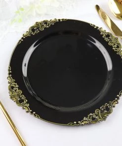 HIER_5441 10 Pack | Black/Gold Baroque 10" Round Plastic Dinner Plates, Disposable Tableware With Leaf Embossed Gold Rim Disposable Dinnerware 18 HIER_5441 10 Pack | Black/Gold Baroque 10