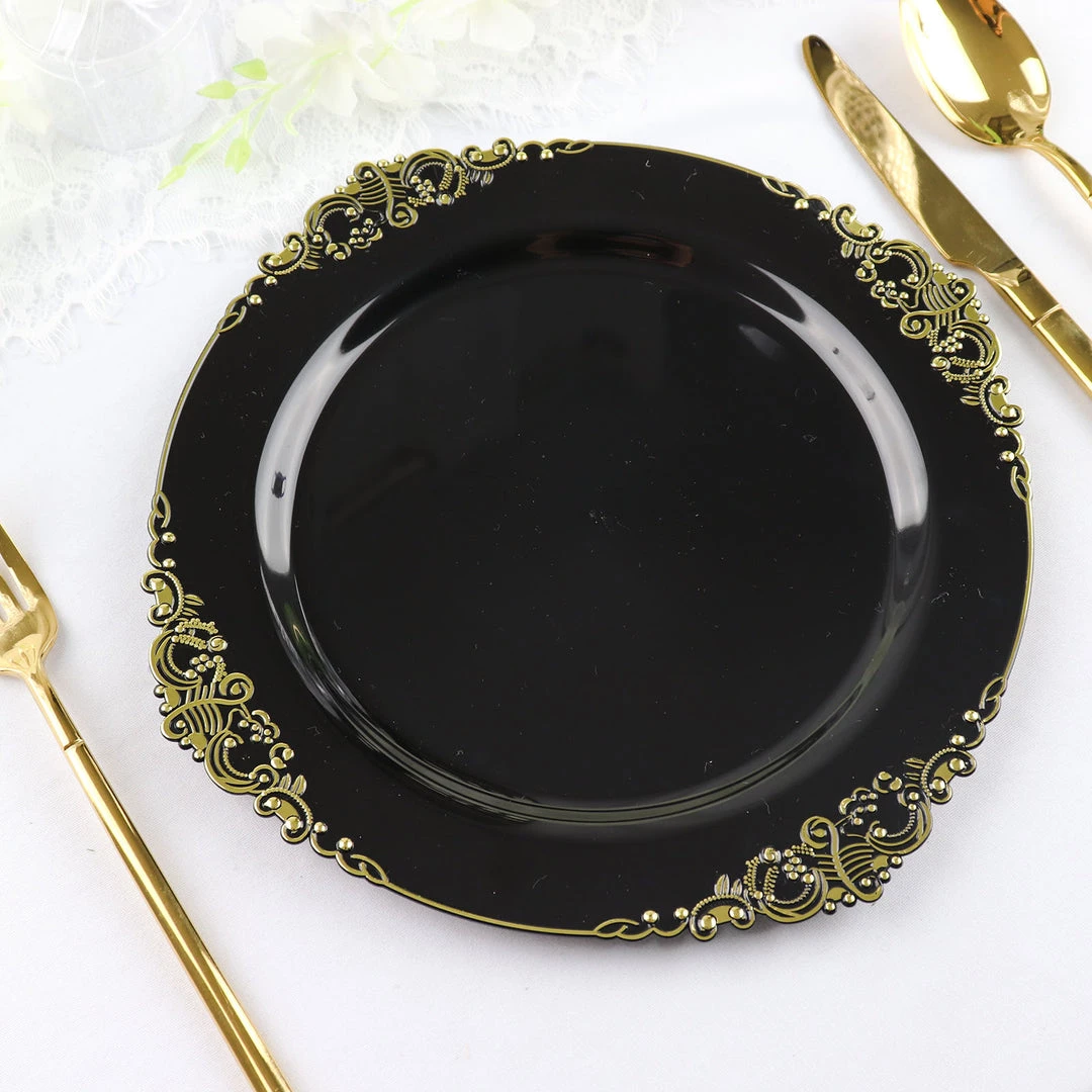 HIER_5441 10 Pack | Black/Gold Baroque 10" Round Plastic Dinner Plates, Disposable Tableware With Leaf Embossed Gold Rim Disposable Dinnerware 6 HIER_5441 10 Pack | Black/Gold Baroque 10" Round Plastic Dinner Plates, Disposable Tableware With Leaf Embossed Gold Rim Disposable Dinnerware