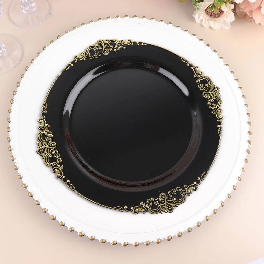 HIER_5441 10 Pack | Black/Gold Baroque 10" Round Plastic Dinner Plates, Disposable Tableware With Leaf Embossed Gold Rim Disposable Dinnerware 1 HIER_5441 10 Pack | Black/Gold Baroque 10" Round Plastic Dinner Plates, Disposable Tableware With Leaf Embossed Gold Rim Disposable Dinnerware