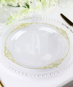 HIER_5441 10 Pack | Clear/Gold Baroque 10" Round Plastic Dinner Plates, Disposable Tableware With Leaf Embossed Gold Rim