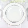 HIER_5441 10 Pack | Clear/Silver Baroque 10" Round Plastic Dinner Plates, Disposable Tableware With Leaf Embossed Silver Rim Disposable Dinnerware