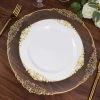 HIER_5441 Disposable Dinnerware 10 Pack | White/Gold Baroque 10" Round Plastic Dinner Plates, Disposable Tableware With Leaf Embossed Gold Rim