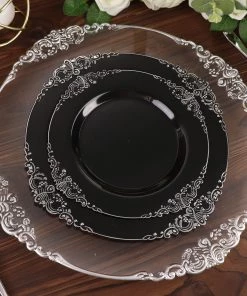 HIER_5441 10 Pack | Black/Silver Baroque 8" Round Plastic Dessert Salad Plates, Disposable Tableware With Leaf Embossed Silver Rim Disposable Dinnerware