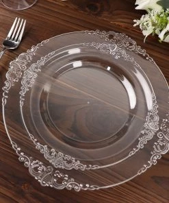 HIER_5441 10 Pack | Clear/Silver Baroque 8" Round Plastic Dessert Salad Plates, Disposable Tableware With Leaf Embossed Silver Rim Disposable Dinnerware