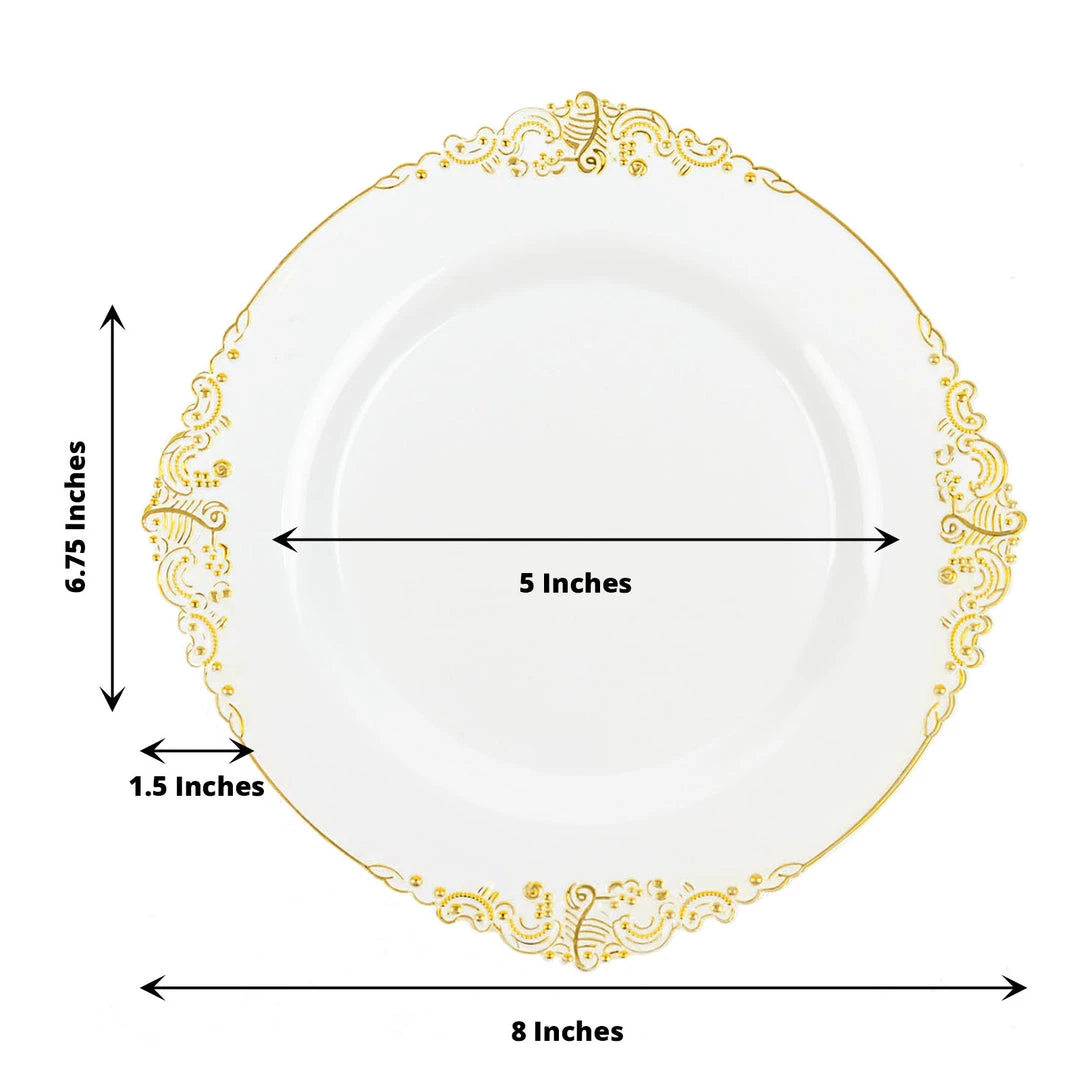 HIER_5441 10 Pack | White/Gold Baroque 8" Round Plastic Dessert Salad Plates, Disposable Tableware With Leaf Embossed Gold Rim Disposable Dinnerware 3 HIER_5441 10 Pack | White/Gold Baroque 8" Round Plastic Dessert Salad Plates, Disposable Tableware With Leaf Embossed Gold Rim Disposable Dinnerware