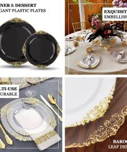 HIER_5441 10 Pack | Black/Gold Baroque 10" Round Plastic Dinner Plates, Disposable Tableware With Leaf Embossed Gold Rim Disposable Dinnerware 16 HIER_5441 10 Pack | Black/Gold Baroque 10