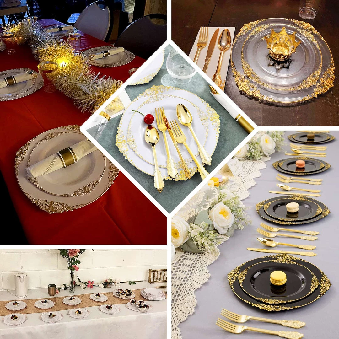 HIER_5441 10 Pack | White/Gold Baroque 8" Round Plastic Dessert Salad Plates, Disposable Tableware With Leaf Embossed Gold Rim Disposable Dinnerware 5 HIER_5441 10 Pack | White/Gold Baroque 8" Round Plastic Dessert Salad Plates, Disposable Tableware With Leaf Embossed Gold Rim Disposable Dinnerware