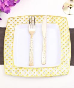 HIER_5443 10 Pack | Gold & White 7" Square Plastic Dessert Salad Plates With Diamond Rim