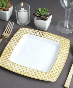 HIER_5443 10 Pack | Gold & White 7" Square Plastic Dessert Salad Plates With Diamond Rim