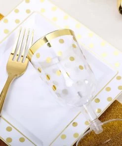 HIER_5440 12 Pack | Gold & White 7" Square Plastic Dessert Salad Plates With Polka Dot Rim - Clearance SALE 13 HIER_5440 12 Pack | Gold & White 7
