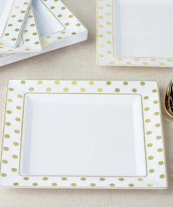 HIER_5440 12 Pack | Gold & White 7" Square Plastic Dessert Salad Plates With Polka Dot Rim - Clearance SALE 12 HIER_5440 12 Pack | Gold & White 7