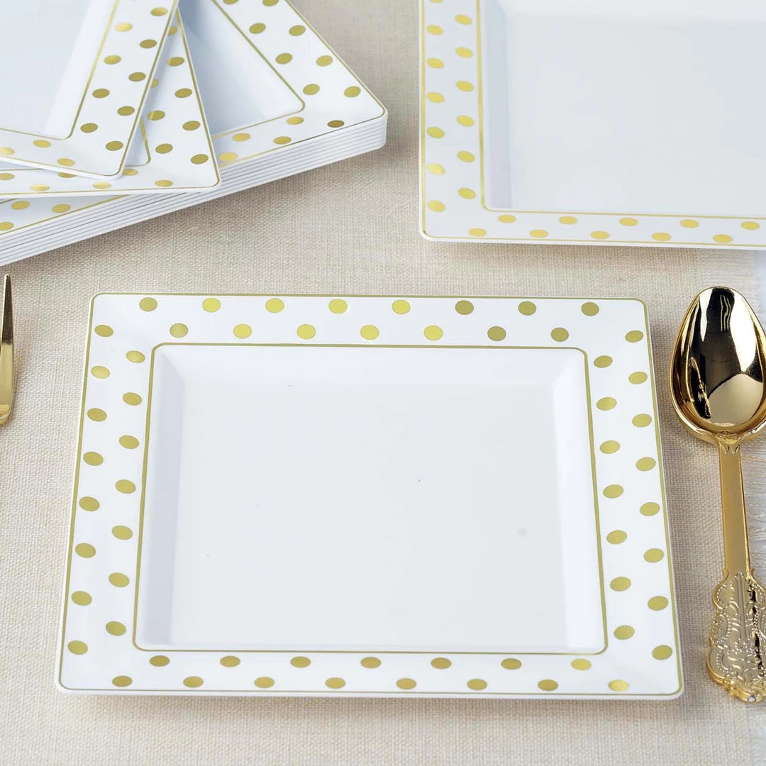 HIER_5440 12 Pack | Gold & White 7" Square Plastic Dessert Salad Plates With Polka Dot Rim - Clearance SALE 6 HIER_5440 12 Pack | Gold & White 7" Square Plastic Dessert Salad Plates With Polka Dot Rim - Clearance SALE