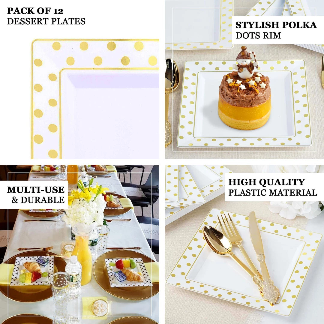 HIER_5440 12 Pack | Gold & White 7" Square Plastic Dessert Salad Plates With Polka Dot Rim - Clearance SALE 4 HIER_5440 12 Pack | Gold & White 7" Square Plastic Dessert Salad Plates With Polka Dot Rim - Clearance SALE