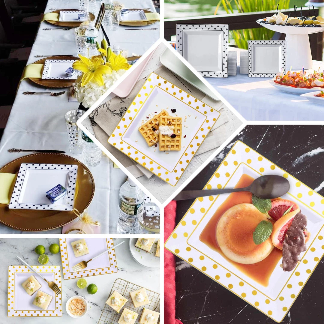 HIER_5440 12 Pack | Gold & White 7" Square Plastic Dessert Salad Plates With Polka Dot Rim - Clearance SALE 5 HIER_5440 12 Pack | Gold & White 7" Square Plastic Dessert Salad Plates With Polka Dot Rim - Clearance SALE