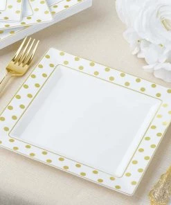 HIER_5440 12 Pack | Gold & White 7" Square Plastic Dessert Salad Plates With Polka Dot Rim - Clearance SALE