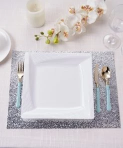 HIER_5443 10 Pack | White 10" Square Geometric Ridge Trim Plastic Dinner Plates, Disposable Dinnerware