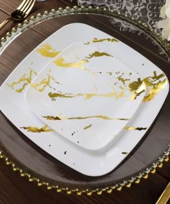 HIER_5443 10 Pack | White/Gold Marble 6" Square Plastic Appetizer Dessert Plates, Disposable Party Plates Disposable Dinnerware