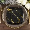 HIER_5443 10 Pack | Black/Gold Marble 8" Square Plastic Salad Plates, Disposable Party Plates