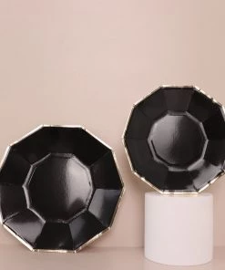 HIER_5442 25 Pack | Black 7" Geometric Dessert Salad Paper Plates, Disposable Appetizer Plates Decagon Shaped With Gold Foil Rim