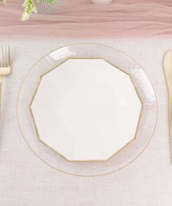 HIER_5442 Disposable Dinnerware 25 Pack | White 7" Geometric Dessert Salad Paper Plates, Disposable Appetizer Plates Decagon Shaped With Gold Foil Rim