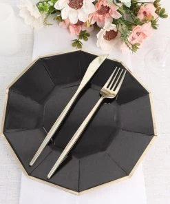HIER_5442 25 Pack | Black 9" Geometric Dinner Paper Plates, Disposable Plates Decagon Shaped With Gold Foil Rim Disposable Dinnerware