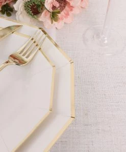HIER_5442 25 Pack | White 9" Geometric Dinner Paper Plates, Disposable Plates Decagon Shaped With Gold Foil Rim