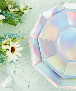 HIER_5440 25 Pack | Iridescent 7" Geometric Dessert Salad Paper Plates, Disposable Plates With Decagon Rim