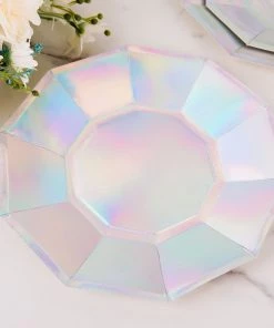 HIER_5440 Disposable Dinnerware 25 Pack | Iridescent 9" Geometric Dinner Paper Plates, Disposable Plates With Decagon Rim