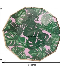 HIER_5440 Disposable Dinnerware 25 Pack | Tropical Palm Leaf 7" Dessert Salad Paper Plates, Disposable Appetizer Plates Geometric Decagon Shaped Pink/Green With Gold Rim 13 HIER_5440 Disposable Dinnerware 25 Pack | Tropical Palm Leaf 7